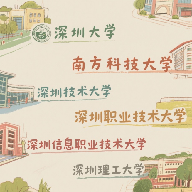 手绘风格，将这些大学放进去：深圳大学、南方科技大学、深圳技术大学、深圳职业技术大学、深圳信息职业技术大学、深圳理工大学，反复确定文字不要出现错误。预览效果