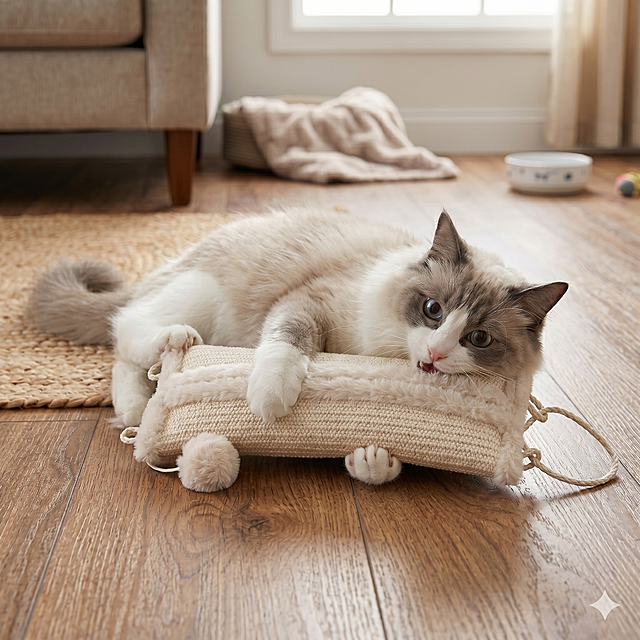 将图中的狸花猫替换为布偶猫，保持原场景和其他元素不变，布偶猫眼神透露出开心的情绪