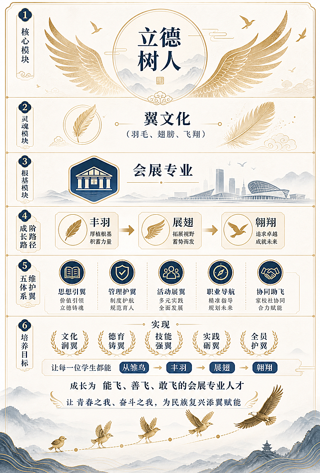 设计一张分模块排版的图片，无标题，严格按照内容：以立德树人为核心，以翼文化（羽毛、翅膀、飞翔）为灵魂，以会展专业为根基，实施三阶飞翔成长路径（丰羽—展翅—翱翔），搭建五维护翼体系（思想引翼、管理护翼、活动展翼、职业导航、协同助飞），实现文化润翼、德育铸翼、技能强翼、实践砺翼、全员护翼，让每一位学生都能从雏鸟→丰羽→展翅→翱翔，成长为能飞、善飞、敢飞的会展专业人才，以青春之我、奋斗之我，为民族复兴添翼赋能。将核心、灵魂、根基、三阶路径、五维体系、培养目标分块排布，使用简约国风设计，加入浅金色羽毛和飞鸟剪影作为装饰，配色柔和高级，文字排版层级清晰，设计大气稳重。