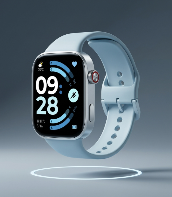 智能运动手表悬浮于画面中央，下方有极简环形光晕。背景为纯色深灰渐变，光线从顶部斜照，手表表面有细腻反光。构图居中对称，留白充足。高冷科技感，8K超清，商业摄影级质感，无文字无logo。保持主体智能运动预览效果