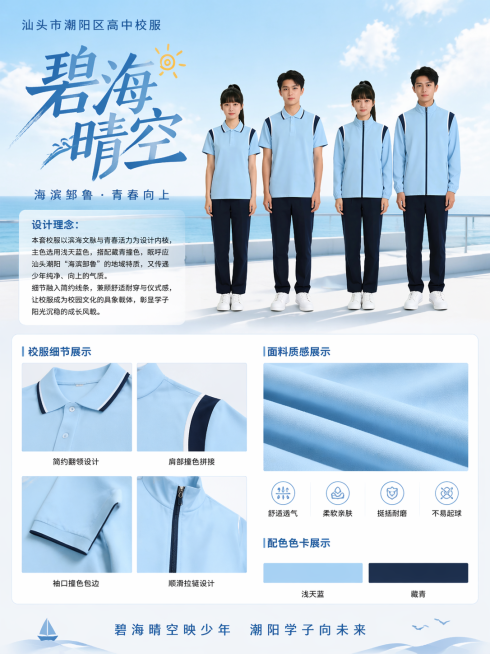 设计一张汕头市潮阳区高中校服宣传海报，主题为"碧海晴空 汕头市潮阳区高中校服"，主题字体要有设计感，海报整体高级感。海报包含：模特全身展示图（参考提供款式，浅蓝色搭配藏青色，包含短袖夏款和春秋拉链款，预览效果