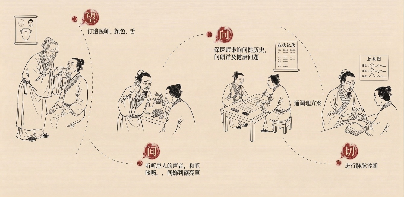 我想要一个小图，是望闻问切的过程，也是要这种黑白手绘的风格预览效果