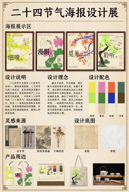 将提供的四张二十四节气海报整合为一张A3尺寸的展板，展板内容分区包含：海报展示区、设计说明、设计理念、设计配色、灵感来源、设计底图、产品周边，整体风格统一协调，保持四张海报原有的中式设计风格。预览效果