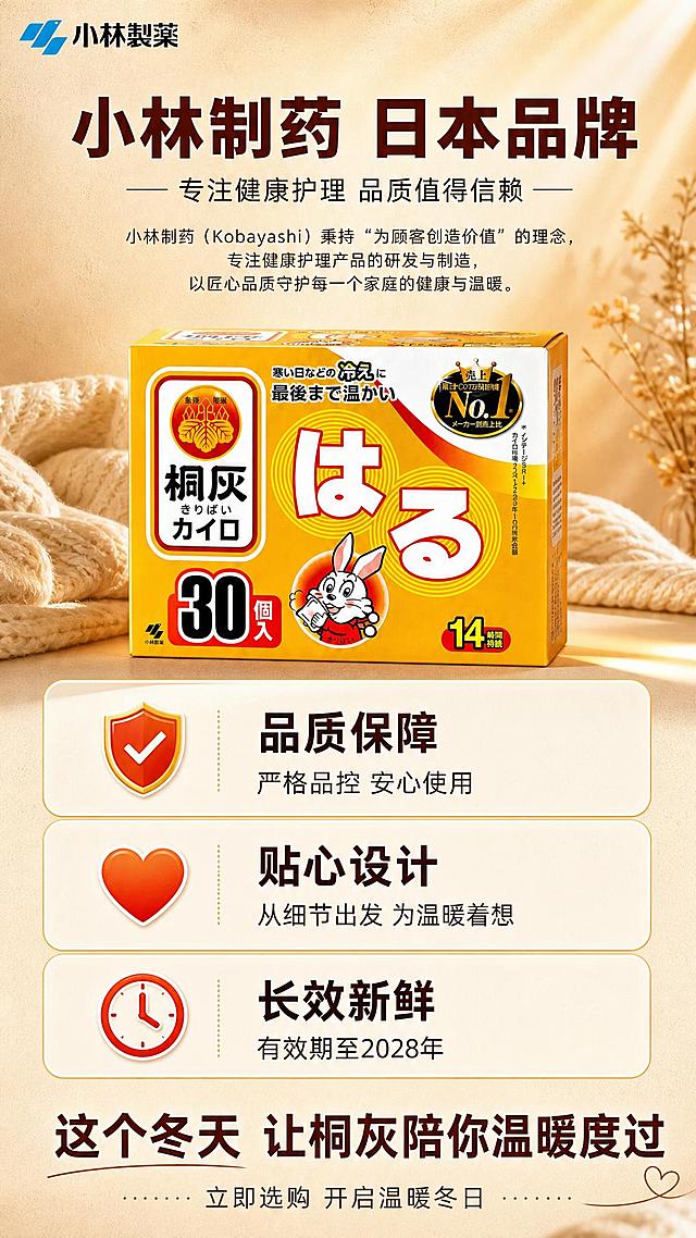 [第6张 品牌背书+收尾] 小林制药桐灰暖宝宝贴 品牌保障+温暖结语 日系杂志高级风格 9:16竖版详情页。

[商品] 使用用户提供的产品图（盒装为主）；保留产品全部原貌：黄色纸盒包装、桐灰Logo、はる大字、兔子形象、所有日文包装文字图案颜色比例完全一致 不重绘 不拉伸 不过度渲染。

[画面] 品牌收尾页 上下结构。上部50%：产品主体+温暖氛围 30枚盒装居中摆放 周围有柔和的暖光晕 背景是暖米色渐变 带有细腻纸张纹理 左上角有小林制药品牌Logo 下方有品牌介绍文字。下部50%：三个品牌保障图标+文字 竖向排列 每个图标+标题+说明 传递品质可靠感。最底部是温暖的结语和行动引导。整体氛围温暖可靠 有日系品牌的专业感和亲和力。

[视觉] 套系策略：风格=日系杂志高级风 松弛可靠 轻松愉悦 少留白 信息饱满但不拥挤；标题字=日系黑体 略带圆润感 字重适中偏粗；正文字=简洁黑体 字重常规；主色=暖米杏+暖橙；背景延展=基于暖米杏做深浅渐变 叠加细腻纸张/布纹质感 营造日系杂志纸质感；强调色=深橙红 仅用于小面积图标 引线 标签和重点文字高亮；标题色=深棕红；正文色=深暖灰；组件=圆角浅底信息卡 盾牌图标 品牌标识 日式排版；光影=上方柔和暖光 光晕效果优雅克制 阴影柔和自然 产品立体感真实。

[文字] 顶部品牌名（深棕红 较大）："小林制药 日本品牌" 副标题（深暖灰）："专注健康护理 品质值得信赖"。三个保障模块：第一个盾牌图标+"品质保障"+"严格品控 安心使用"；第二个心形图标+"贴心设计"+"从细节出发 为温暖着想"；第三个时钟图标+"长效新鲜"+"有效期至2028年"。底部结语（深棕红 较大）："这个冬天 让桐灰陪你温暖度过" 下方小字行动引导："立即选购 开启温暖冬日"。所有文字横排 清晰可读。

[规格] 图片比例9:16竖版 2K分辨率 负向：产品变形 拉伸 比例失调 重绘产品 错字 模糊 水印 平台Logo 二维码 冷蓝冷灰主色调 过度特效 产品文字模糊或错误 竖排文字 绝对化用语。