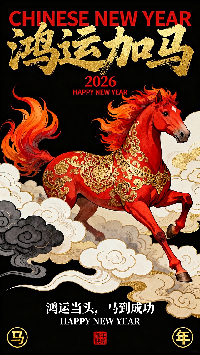 国潮浮世绘风格马年主题插画，纯黑背景，主体为一匹通体赤红的骏马呈奔腾姿态，鬃毛与尾毛化为橙红渐变的火焰状纹理，马身装饰繁复的金色传统缠枝花纹与云纹纹样，周围环绕层次丰富的米白、浅金祥云图案，左侧点缀深灰云纹，整体采用高对比度的红、金、黑配色，以细腻的日式浮世绘线条勾勒，营造出热烈磅礴、充满力量感的视觉效果，适合作为马年春节的开运主题装饰画。文字排版为：顶部是红色大写英文字体 “CHINESE NEW YEAR”，叠加金色书法主标题 “鸿运加马”，字体笔触粗犷有力，下方标注 “2026” 与红色小字 “HAPPY NEW YEAR”；底部居中是白色副标题 “鸿运当头，马到成功”，其下方为白色英文字体 “HAPPY NEW YEAR”；左下角有金色圆形 “马” 字标识，右下角有金色圆形 “年” 字标识，底部中央点缀 “新年快乐” 红色印章，整体风格大气热烈，寓意马年鸿运连连、万事顺遂。