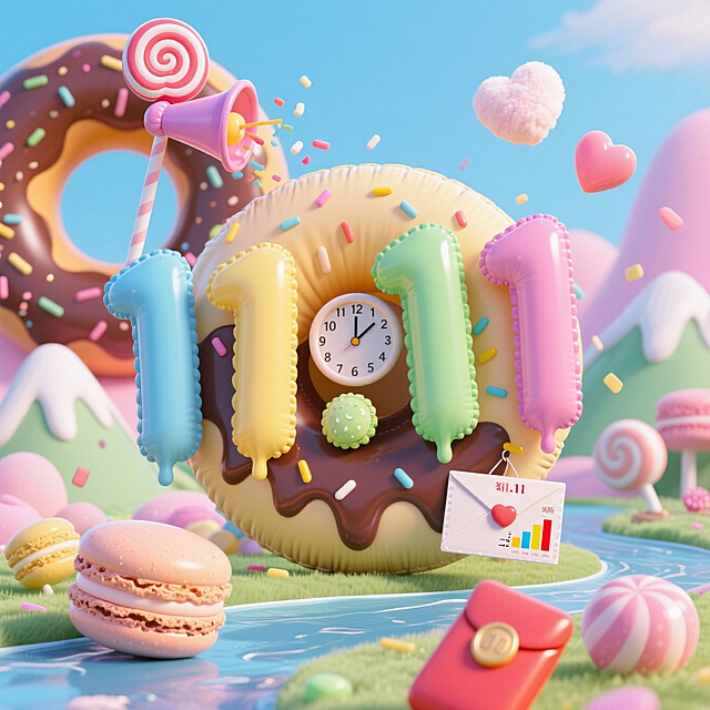 多彩充气 “1111” 数字，搭配甜甜圈等糖果元素，营造双 11 甜蜜促销氛围