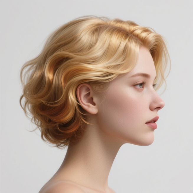 白色背景下的女性发型特写，保持原图中3D写实的发丝质感与光泽，发丝根根分明且带有自然的阴影过渡，两侧鬓角头发紧贴头皮向后梳理，顶部变换为蓬松的金色波浪卷发造型，发色呈现从浅金到蜜糖金的渐变效果，仅展示头部及发型部分，无面部及其他无关元素，整体光线柔和均匀，突出发型的立体感与发丝细节。预览效果