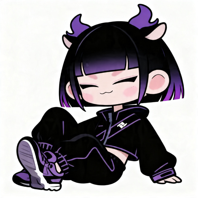 潮玩风格小鹿拟人女性IP，三头身Q版比例，约1:2头身，黑紫色层次短发发尾微翘，小巧鹿耳。半身特写：眼睛微微眯起，嘴角放松浅笑，表情慵懒满足，像是刚运动完在休息。线条干净，配色黑紫为主荧光紫点缀，白色预览效果