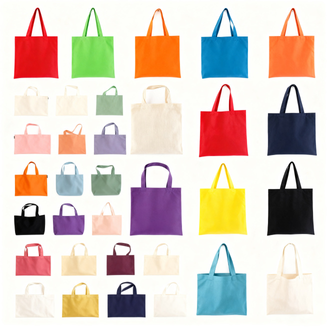 参照原图布局，生成一张排列整齐的各种颜色纯色帆布包组合图，白色背景，保持简约风格预览效果