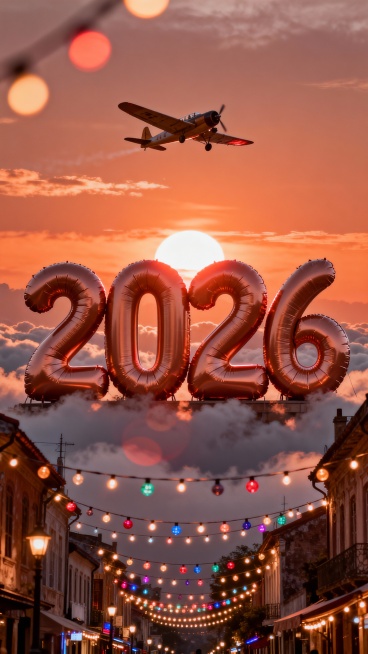 气球质感巨型 “2026” 立在焦糖色落日云海，顶沐暖橙余晖，下面是挂满彩灯的复古老街，上面复古飞机掠过，光晕交织焦糖红棕色调预览效果