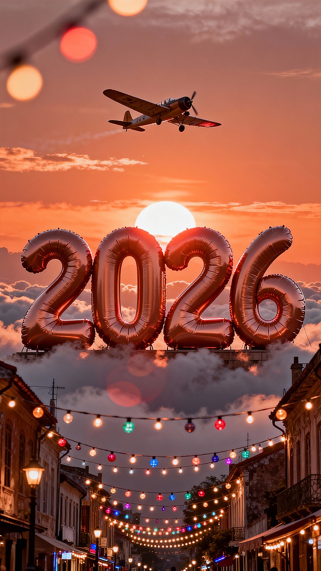 气球质感巨型 “2026” 立在焦糖色落日云海，顶沐暖橙余晖，下面是挂满彩灯的复古老街，上面复古飞机掠过，光晕交织焦糖红棕色调
