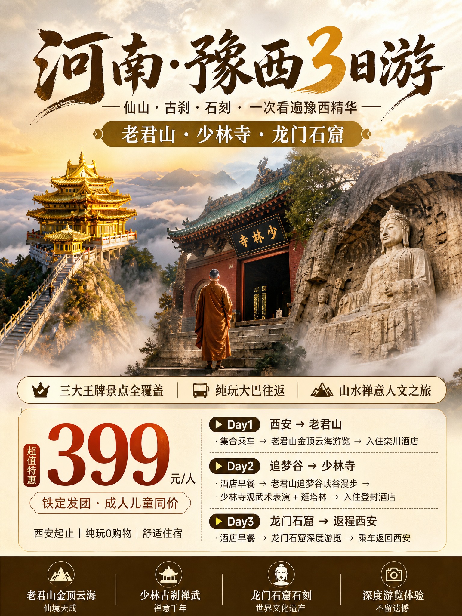 3:4竖版小红书引流海报，豫西3日游，老君山云海金顶+少林古刹… - 图片创意预览