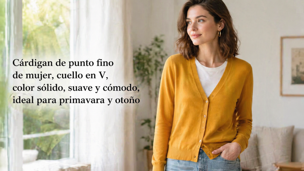 An European woman wears this mustard yellow solid color V-neck long sleeve thin knitted cardigan wit预览效果
