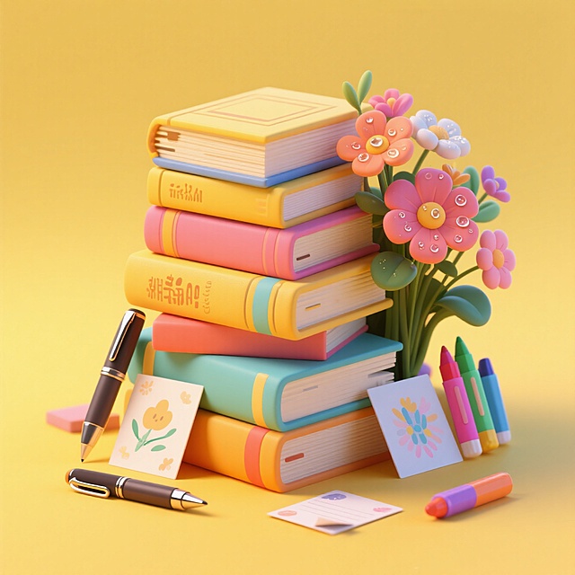 堆叠的书本，旁边散落文具和贺卡、一束鲜花。黄色渐变背景。