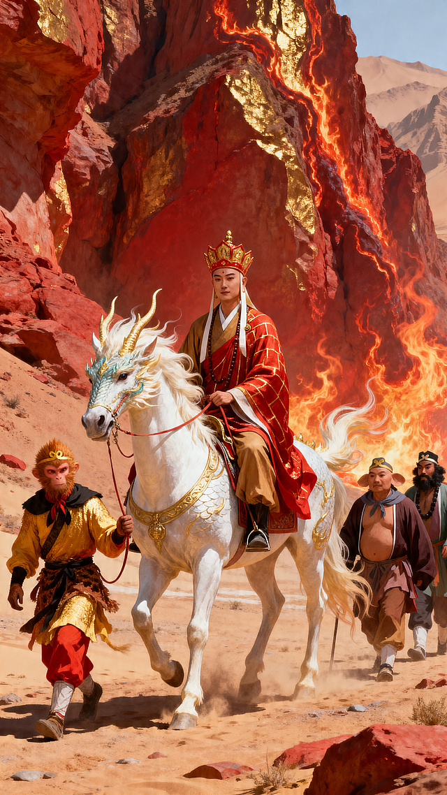 西游记师徒四人与白龙马经典国风插画，唐僧骑在白马上，沙僧牵马，悟空和八戒随行，背景为火焰山，整体风格古典写实，色彩统一，细节清晰