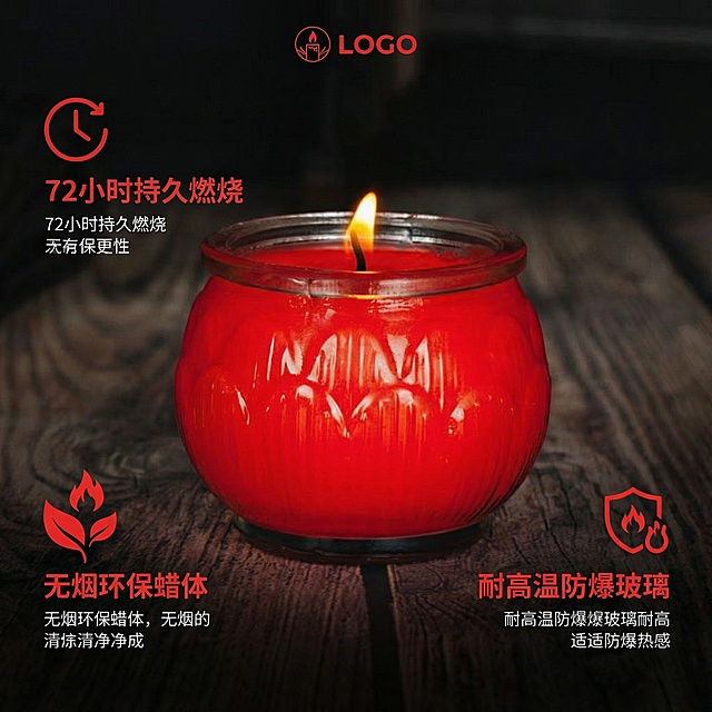 红色莲花纹玻璃罐蜡烛卖点详情图，理性说服风格，聚焦核心利益点：标注"72小时持久燃烧""无烟环保蜡体""耐高温防爆玻璃"，用清晰数据和图标展示，视觉收敛，保持品牌红主色调，Logo位置与主图一致