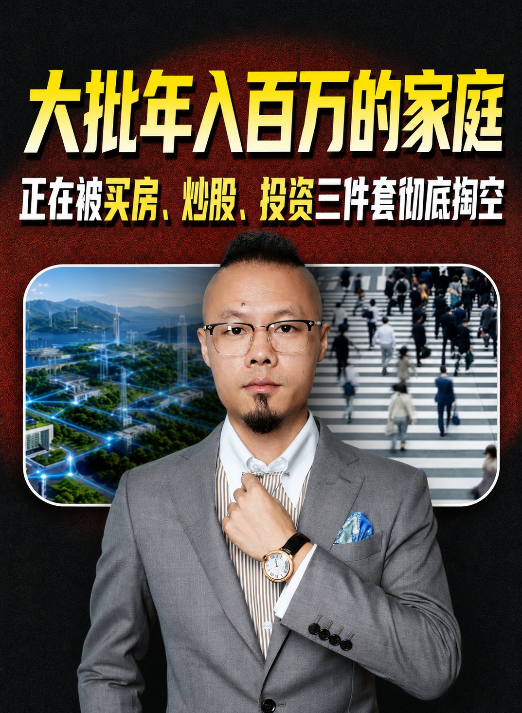 将图中女性替换为第二张图中的戴眼镜、留山羊胡、穿灰色西装的男性… - 图片创意预览