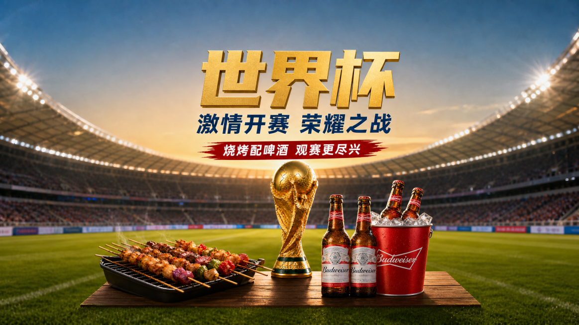 保持背景完全不变，将文字“世界杯”改为金色，然后把包含世界杯文字、烧烤烤串、世界杯奖杯、啤酒在内的所有前景内容整体缩小，整体移动到图片居中位置摆放预览效果
