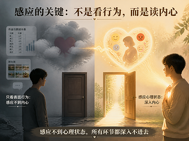 感应心理状态的重要性概念插画，左右对比构图。左侧：一个人只盯着表面数据看——作业次数统计表、朋友圈图标，但对方的内心（用一颗心表示）被云雾笼罩着看不清，旁边写着"只看表面行为：感应不到内心"，人物面前有一扇紧闭的门，代表后续环节深入不进去。右侧：同一个人用心灵感知对方，一道温暖的感知光波穿透到对方内心，清晰看到对方的心理状态（喜怒哀乐的情绪符号），旁边写着"感应心理状态：深入内心"，人物面前的门缓缓打开，通向更深的交流。画面上方大标题"感应的关键：不是看行为，而是读内心"，下方配文"感应不到心理状态，所有环节都深入不进去"。整体温暖有深度的风格，左侧冷灰偏暗，右侧暖亮通透，对比鲜明，寓意深刻