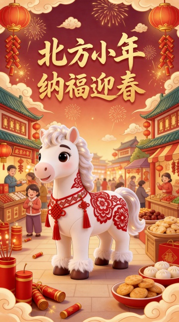 图1中的马生成一张北方小年的海报，参考图2中的风格类型。预览效果