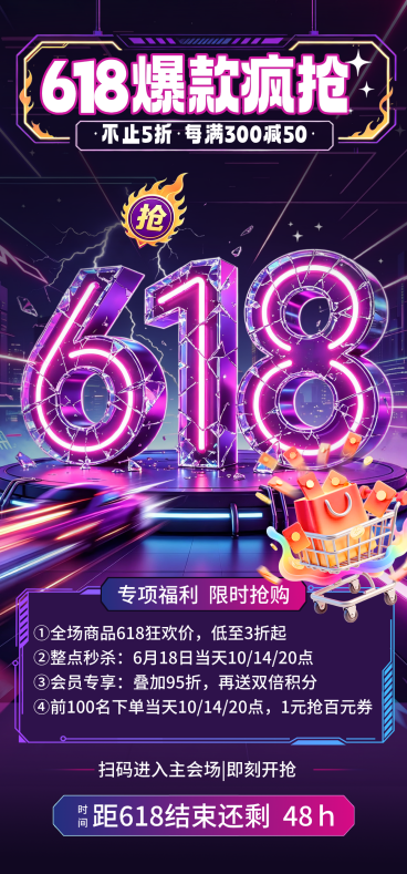 618年中大促商品促销活动宣传赛博朋克风全屏竖版海报预览效果