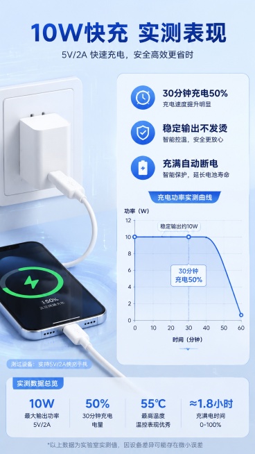 [第5屏] 快充性能实测，展示10W 5V2A实际充电表现。本屏使用【图1】白色款产品。
[氛围/风格] 实测数据可视化，浅蓝科技背景，直观专业。
[元素布局] 左侧为白色充电器搭配数据线和手机充电场预览效果