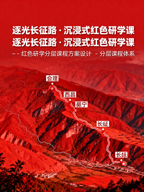 长征路线宣传封面，红色背景，突出会理、西昌、冕宁的长征路线，主题文字“逐光长征路·沉浸式红色研学课”，副标题“-红色研学分层课程方案设计 -分层课程体系”，红色研学文化风格，封面设计，庄重红色氛围预览效果