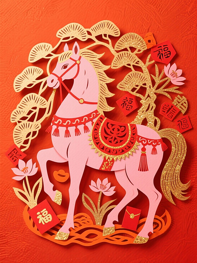 主体是橘粉骏马（装饰朱红纹样、流苏配饰，点缀金箔质感），周围环绕金松、水仙、福字、红包等吉祥元素，背景为橙红色纹理，配色浓烈鲜艳（橘粉、朱红、橙红、金等），风格喜庆华贵、充满传统吉祥寓意