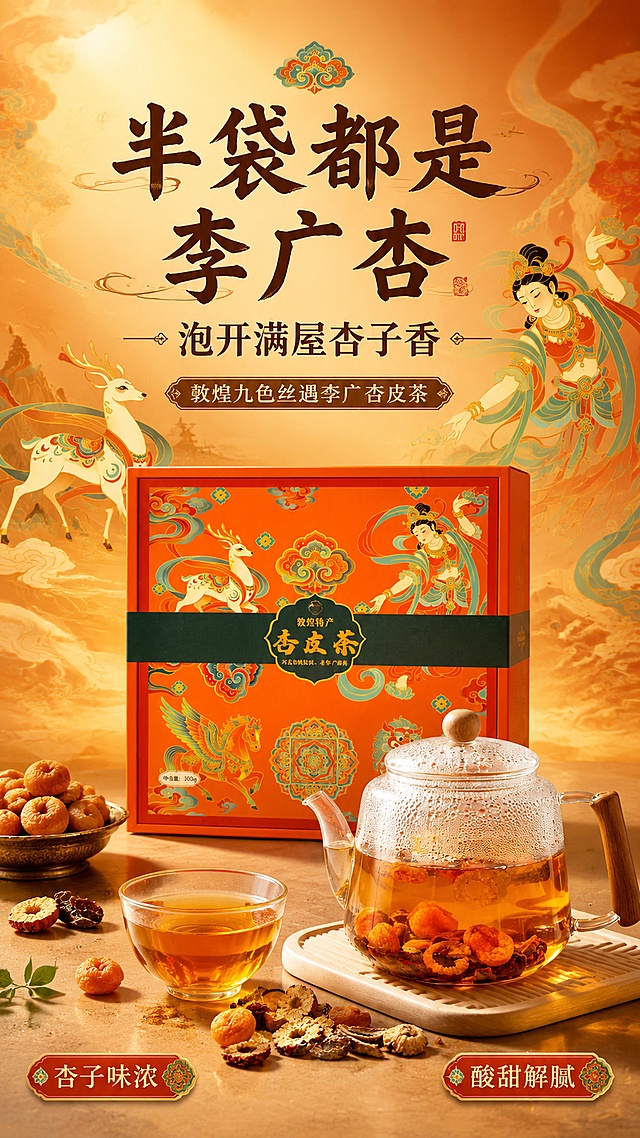 [第1屏] 详情页头图-敦煌九色丝遇李广杏皮茶主视觉海报。本屏使用【图6】作为礼盒主体，【图8】作为茶汤冲泡参考。
[氛围/风格] 敦煌国潮风，暖橙主色调，温润有食欲，商业摄影质感，融合敦煌九色鹿、飞天、藻井等文化元素，高级礼盒感。
[元素布局] 杏皮茶礼盒置于画面中央偏下，占比约55%；礼盒前方摆放一杯琥珀色茶汤和散落的李广杏干、杏皮原料；背景为暖橙色渐变，点缀敦煌飞天飘带、九色鹿剪影、藻井纹样等国潮元素，层次丰富；礼盒包装结构、颜色、纹样与输入图一致。
[光影质感] 左上方柔光照明，右下自然投影，茶汤通透有光泽，礼盒表面有细腻高光，整体明亮温暖有食欲。
[配色色系] 全局底色 #E86A33 暖橙渐变；主色橙红、土黄；辅助色石青、墨绿（敦煌配色）。
[视角构图] 正面微俯视，产品为视觉中心，阅读动线上方标题 → 中部礼盒 → 底部茶汤原料。
[文字版式] 顶部居中大标题「半袋都是李广杏」，副标题「泡开满屋杏子香」，宋体书法感字体，深棕色字；标题下方小字「敦煌九色丝遇李广杏皮茶」；底部左右两侧卖点标签「杏子味浓」「酸甜解腻」，胶囊形底衬；文字不遮挡礼盒主体。
[比例分辨率] 9:16 竖版比例，4K分辨率，文字清晰可辨，高清画质。
[负向提示词] 包装变形，颜色偏差，文字错乱，水印，产品模糊，背景杂乱，缺件错件。