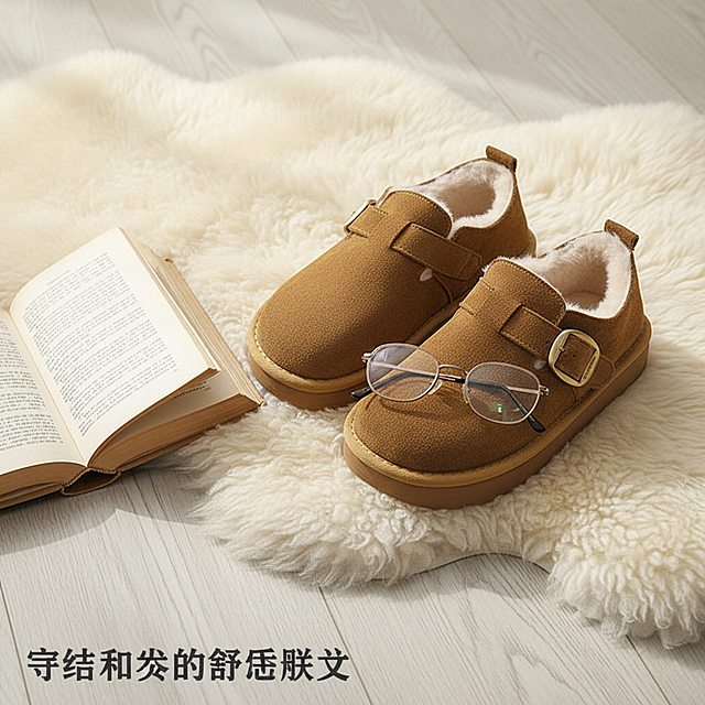 视觉构图：

场景：勃肯鞋（牛反绒表面质感突出）斜置于铺着米白色羊毛毯的原木地板上

道具：一本翻开的精装旧书（书页泛黄）、一副金属细边眼镜轻搭鞋面

光影：左侧柔光，突出羊羔绒内里的温暖蓬松感

文字排版（左下角）：
“写给秋冬的舒适散文”
（字体：衬线体，字号适中，颜色：深灰色） 要真实感