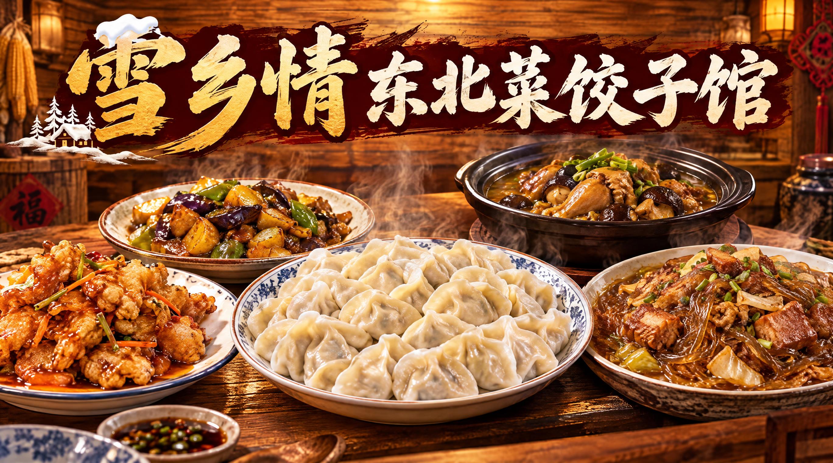 雪乡情东北菜饺子馆店招设计，写实美食摄影风格，横幅构图，画面展… - 图片创意预览