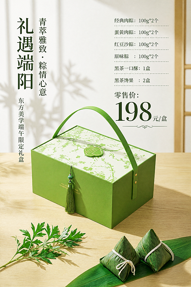 保留原图中绿色端午礼盒、艾草枝叶、两个青绿色粽子的所有画面元素与光影氛围，整体保持东方雅致的清新绿色调，在画面右侧空白区域进行高端简洁的文字排版，排版上档次不破坏原有画面美感。文字内容清晰呈现：经典肉粽：100g*2个，蛋黄肉粽：100g*2个，红豆沙粽：100g*2个，原味粽 ：100g*2个，黑茶一口酥：1盒，黑茶馋果 ：2盒，将「零售价：198元/盒」用更大更醒目的精致字体突出展示，整体版式精美，文字配色与画面绿色系协调统一，画面干净高级，4K超清画质