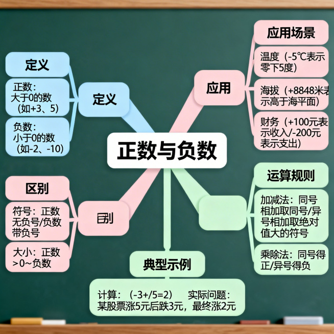讲解正数和负数的思维导图，结构清晰，逻辑明确，包含正数和负数的定义、区别、应用场景、运算规则、典型示例等内容，风格简洁明了，适合教学使用，颜色搭配柔和舒适预览效果