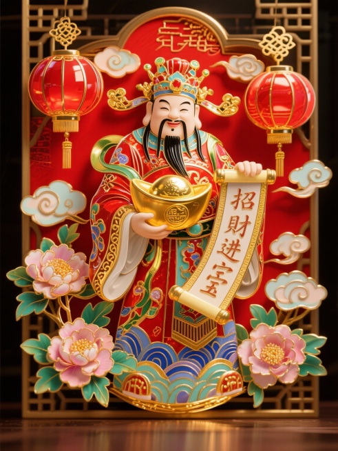 3D重拟物风格，鎏金金属质感，浮雕细节，中式古典喜庆氛围，财神持金元宝与“招财进宝”卷轴，红金配色，祥云、灯笼与牡丹环绕，春节主题。预览效果