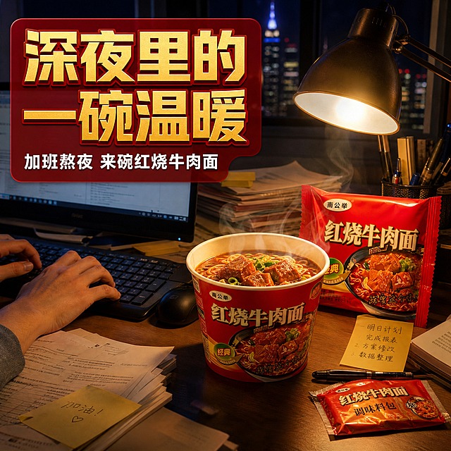 [主图-4] 熬夜加班 深夜食堂主题。
[统一基调] 整体风格为经典红金怀旧风，背景主色为正红色+金黄色渐变，标题字色为金黄色带红边，辅助字色为白色，强调色为金棕色，字体样式为粗黑体厚重有力带立体金边，辅助文案为清爽黑体，卡片用圆角深红色半透明底，整体暖调高光。
[画面] 深夜办公室/书桌场景，电脑屏幕亮着，键盘、鼠标、文件散落，台灯暖光照明。画面右侧电脑旁放着一桶/一碗刚泡好的红烧牛肉面，冒着热气，旁边放着产品袋装和撕开的料包。左侧是正在打字的手的局部，营造加班熬夜吃泡面的真实场景。窗外是深夜城市的灯光剪影，整体氛围温暖治愈，展现泡面作为深夜慰藉的情感价值。
[光影质感] 冷暖对比光，电脑屏幕的冷蓝光和台灯的暖黄光交织，碗中面条的热气在暖光下清晰可见，产品包装袋自然融入桌面有真实阴影，生活场景摄影质感，温暖有故事感。
[配色] 暖黄+深蓝对比色调，产品红色包装成为视觉焦点，面条的暖色调突出，整体深夜氛围浓郁温暖。
[文字版式] 画面左上角主标题粗黑立体金边"深夜里的一碗温暖"，下方辅助文案"加班熬夜 来碗红烧牛肉面"。文字放在深红色半透明圆角卡片上，不遮挡产品和面条主体。
[输出要求] 1:1正方形，2048*2048，场景真实有故事感，产品清晰，无变形错字，无水印无平台Logo，画面有情感有代入感。