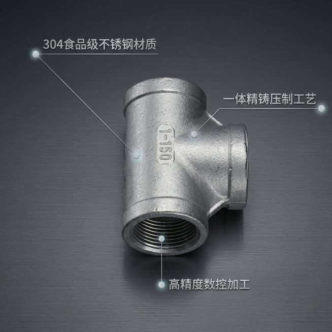[主图2] 核心卖点展示。基于原304不锈钢三通管件产品，使用卖点导图形式，产品位于画面中心，用纤细银灰色引线连接对应位置分别标注三个核心卖点：引线连接主体标注"304食品级不锈钢材质"，引线连接铸造预览效果