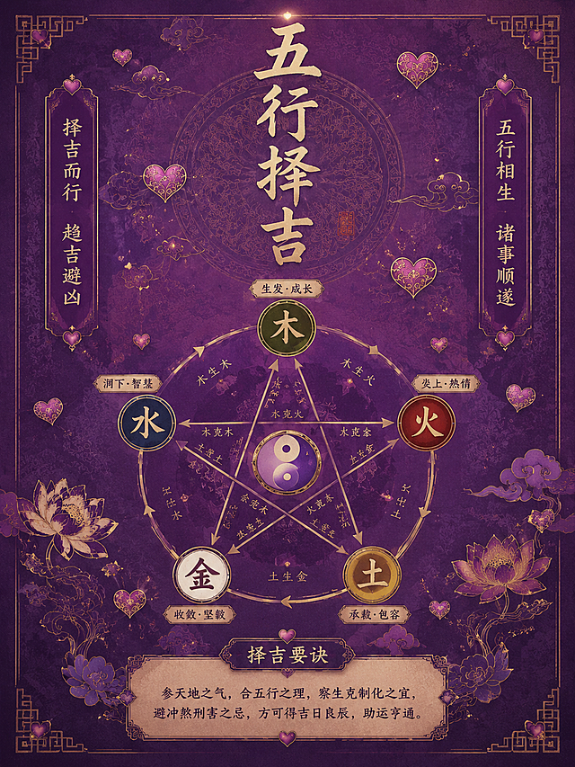 五行择吉页，三比四，紫色背景，传统花纹，爱心装饰，古法风格