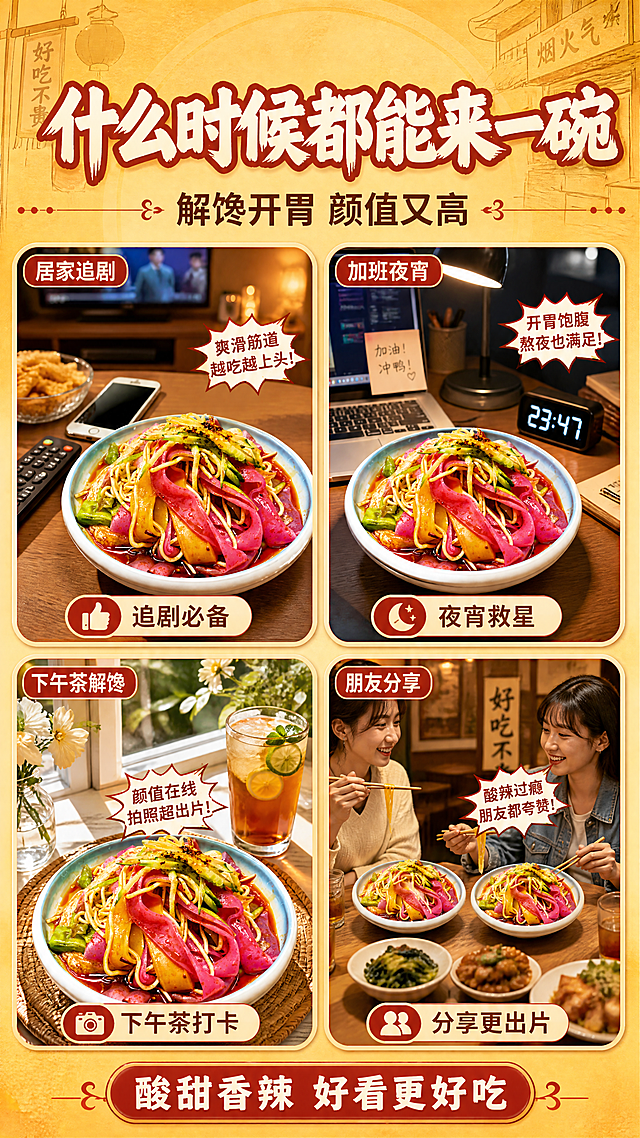 [商品] 使用【图1】三色果蔬凉皮凉面碗作为各场景中的食物主体；保留火龙果（红）、菠菜（绿）、南瓜（黄）三色凉皮的真实颜色与样貌；商品处理：成品碗在各场景中保持三色分明、色泽鲜亮、酱汁饱满，提升食欲。
[画面] 页面目标：场景种草，展示多种日常食用场景，激发购买欲；构图骨架：2×2场景拼图（4个圆角卡片），顶部大标题，下方四张场景图等大排列，底部一行总结语；主体占画面70%；景别：每个小场景为中景；阅读动线：从上到下、从左到右；前中后景：前景场景卡片、中景三色凉皮+场景、后景暖黄底色。
四个场景分别为：①居家追剧：客厅茶几上放着三色果蔬凉皮，旁有遥控器和手机，暖光温馨；②加班夜宵：办公桌上电脑旁一碗三色凉皮，深夜暖光；③下午茶解馋：阳光窗边小桌，配一杯冰饮，彩色凉皮颜值高；④朋友分享：两人餐桌对坐，各一碗三色凉皮，轻松氛围。
[视觉] 套系策略：风格=国潮市井风+老字号烟火气，暖黄色调高食欲商业摄影；标题字=粗黑体带轻微毛笔质感，醒目有力；正文字=圆润无衬线体，移动端清晰可读；主色=暖土黄；背景延展=暖土黄做深浅渐变、同色圆环层次、细腻纸张/木纹质感；强调色=正红色，用于小面积标签、图标、引线和价格底纹；标题色=米白字+红描边；正文色=深棕褐色；组件=圆角红底白字胶囊标签、爆炸贴卖点框、细线引线；光影=左前侧暖柔光，凉皮表面有高光，碗边有投影，整体温暖明亮。
[文字] 顶部主标题'什么时候都能来一碗'，副标题'解馋开胃 颜值又高'；四个场景卡片下方分别标注'追剧必备''夜宵救星''下午茶打卡''分享更出片'；底部红底白字胶囊'酸甜香辣 好看更好吃'；文字均横排。
[规格] 图片比例9:16竖版，4K分辨率，负向提示：避免冷蓝/冷灰背景、场景违和、凉皮颜色失真、文字过小、蚂蚁字、错字、模糊、水印、二维码、绝对化用语。
