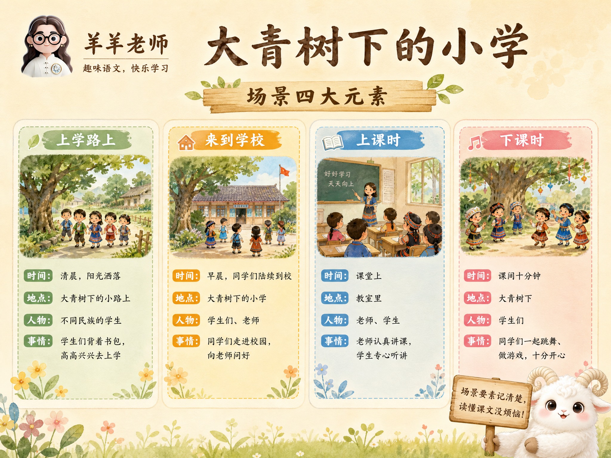 A4横版小学语文学习海报，米黄色暖色调手绘水彩风格。左上角卡通… - 图片创意预览