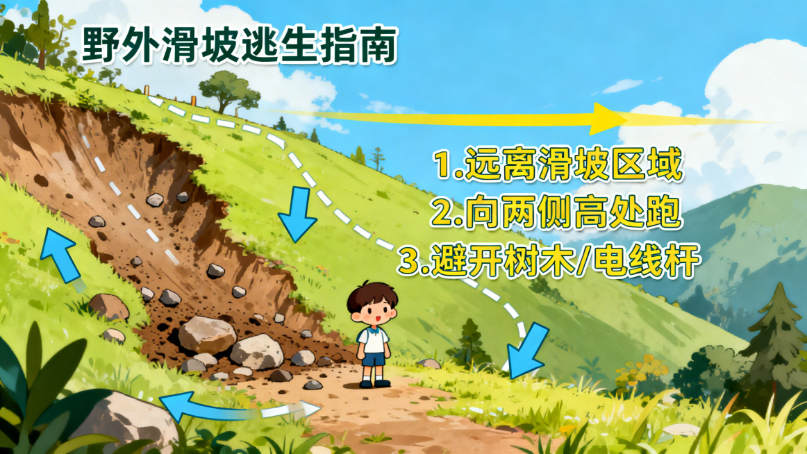 小学生地质灾害科普PPT页，卡通风格，展示野外遇到滑坡时的正确逃生方向示意图，用箭头标示逃生路线预览效果