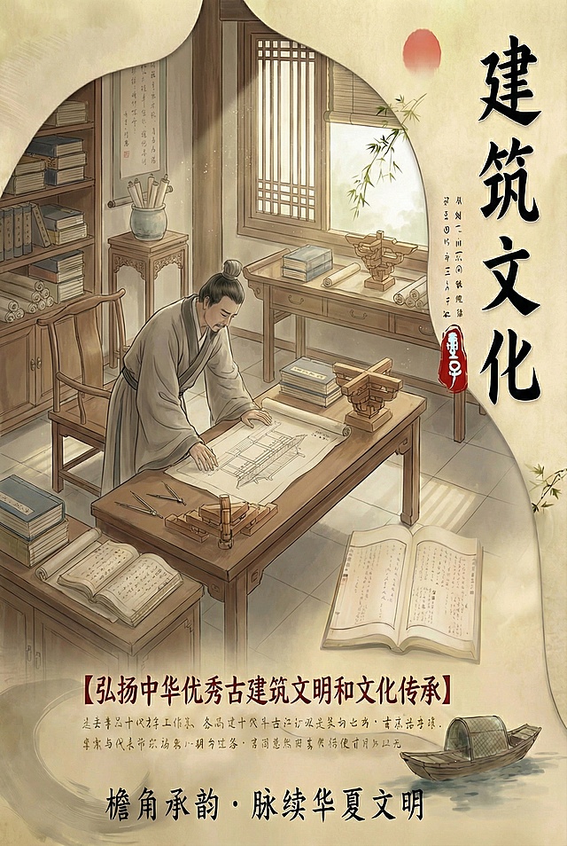 将画面风格调整为和第二张一致的细腻古风插画风格，把场景替换为室内书房，人物改为伏案研究建筑构件的古代文人，添加斗拱模型、古籍等元素，文字排版和装饰细节向第二张海报对齐