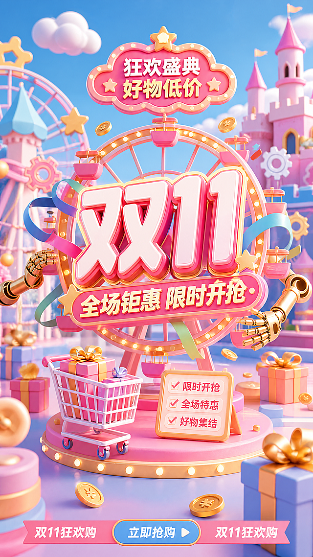 3D C4D卡通风格双11电商海报，马卡龙粉蓝甜蜜配色，游乐园氛围感，参考图版式骨架；主标题是“双11”，副标题是“全场钜惠 限时开抢”，装饰文案“狂欢盛典 好物低价”，卖点“限时开抢、全场特惠、好物集结”；画面布局为居中主标题+摩天轮装饰背景，礼物和购物车点缀，整体营造活泼促销氛围，版式精美，9:16比例，所有文字清晰可读，不遮挡主体，配色活泼清新，超高清4K画质