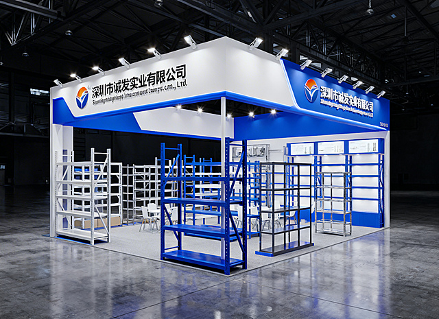 现代化五金置物架展销会摊位设计，大气专业的商业展览风格，显眼位置展示深圳市诚发实业有限公司的LOGO，展位上陈列多款多层五金置物架产品，明亮的展会灯光，干净整洁的展厅环境，高端工业风，蓝色企业色调搭配，整体开阔大气，符合商贸展销会氛围