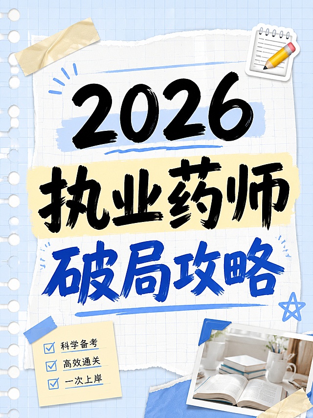 小红书笔记大字封面，配图大字，手账拼贴风格，版式精美，小红书笔记封面质感，适合信息流点击。主标题必须完整呈现且为画面视觉中心，逐字锁定：「2026执业药师破局攻略」。主标题字号占画面约 55% 视觉权重，清晰可读，不得增删改字。背景：浅蓝笔记纸加网格纹理。标题排版：马克笔手写粗标题，采用配图 I15 手账拼贴策略，关键词可加浅色块底框增强对比，禁止使用3D立体/金属渲染主标题。装饰：右上角点缀 1 个📝 emoji 贴纸，另加胶带贴纸和照片角装饰，位置与数量克制、不抢主标题，不与主标题逐字混排。整体氛围：备考干货、手账学习感。画质：高清细腻，信息层级清晰，主标题与背景强对比，文字完整处于安全区内不可裁切，四周留安全边距。画面比例 3:4，4K。