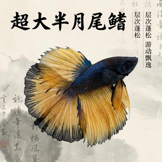 [主图 2] 泰国斗鱼半月核心亮点展示
[氛围风格] 中国风水族风格，意境雅致，古朴高级，与首图风格统一
[画面元素] 商业摄影质感，光线柔和通透，产品清晰真实，画面干净高级。保留斗鱼真实外形和花色，预览效果