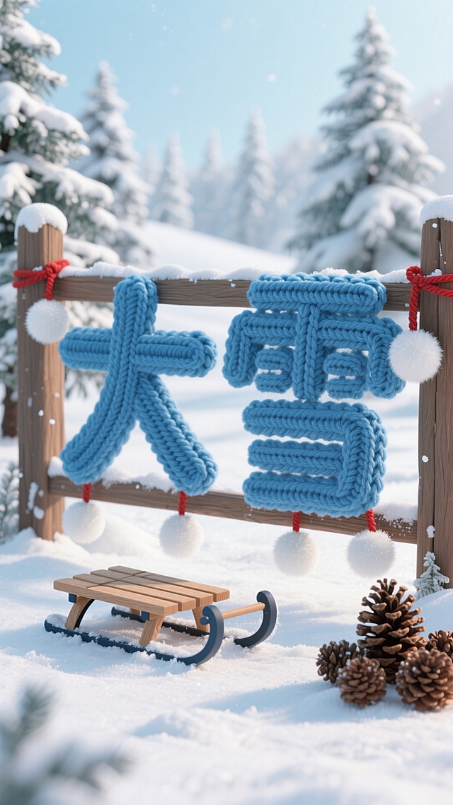 画面中央，蓝色针织 “大雪” 立体字系红绳挂在木栏杆上（字底缀绒球），下方雪地放木质雪橇，旁堆松果，远处雪松覆雪，配色浅蓝 + 银白，冷冽户外冬日感。