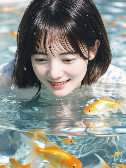 短发少女，水下，金鱼，半身照预览效果