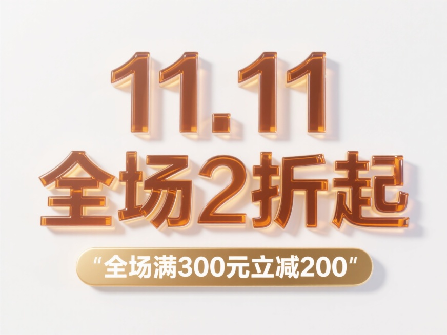 文案“11.11全场2折起”，文案2层展示，棕色玻璃质感描边，副标题 “全场满300元立减200”底部金色文案，白色背景预览效果