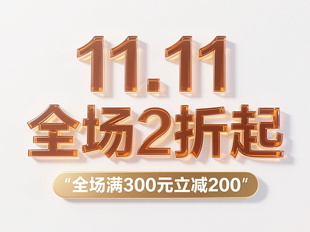3D玻璃质感大字设计，金色透明材质强化体积感，突出双十一促销信息，简洁现代风格传递强烈优惠氛围。