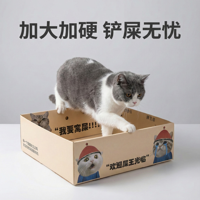 这张图片是产品主体这款产品是一次性猫砂盆 产品主体颜色不改变 我需要设计20张主图在拼多多上面售卖   主图场景布局设计用小猫等 等背景元素 需要显得高级一些主图文案内容 月刨猫砂盆 折叠设计 大容量预览效果